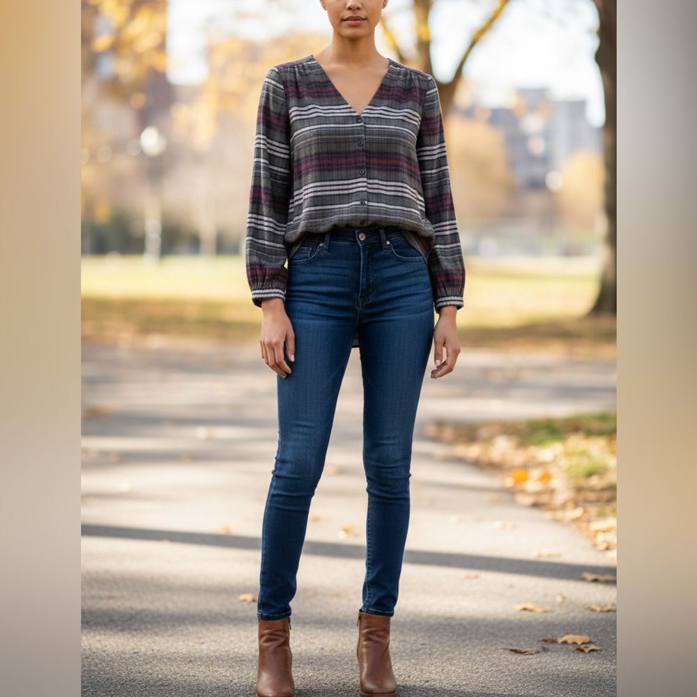 Madewell Plaid Button-Down Shirt XS Green Long Sleeves Cotton Earthy Preppy